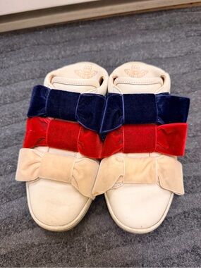 Gucci Women's Velvet Bow Strap Sneakers in Navy, Red, and Beige